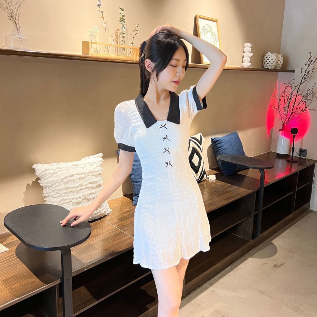 New mid-length Hepburn slimming 2023 bow dress elegant texture female slim polo girl dress PCZR