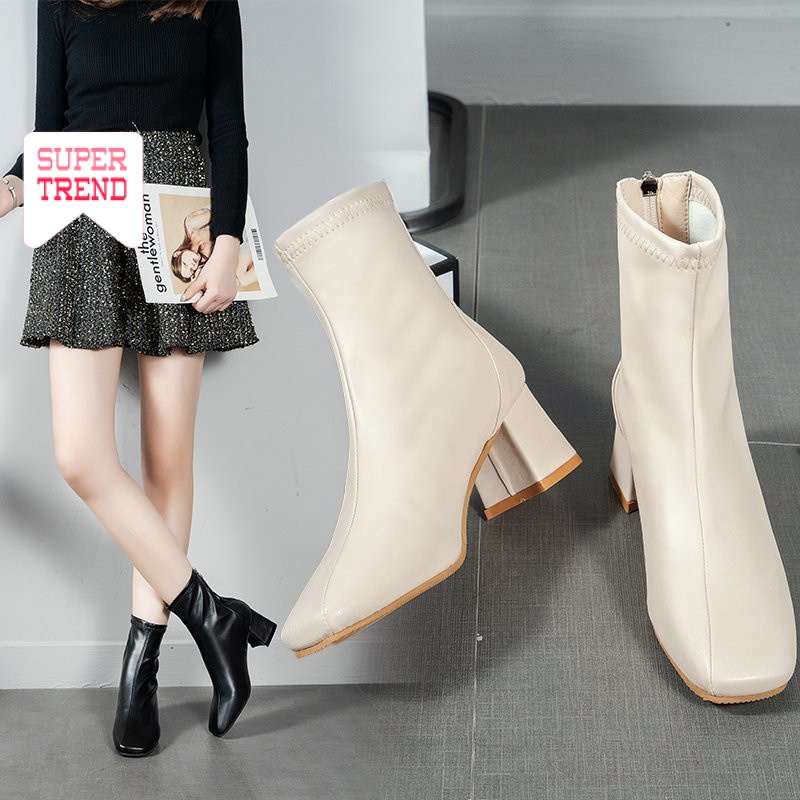 Giày Bốt Da Pu Gót Vừa Phối Khóa Kéo Phía Sau Cá Tính