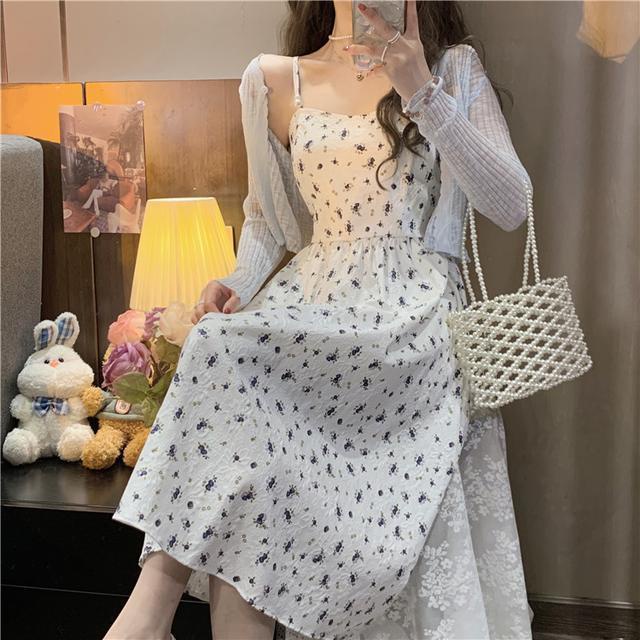 Set Đầm Hai Dây Và Áo Khoác Cardigan Họa Tiết Hoa Thời Trang 2023