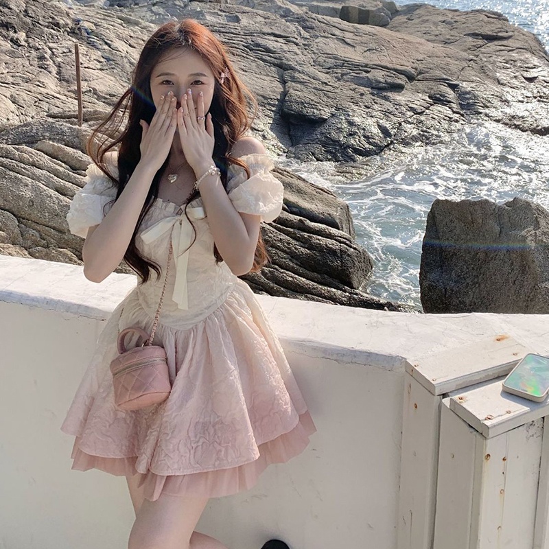 IELGY    Đầm Ngắn Chiết Eo Màu Hồng gradient Trắng Và Ngọt Ngào Phong Cách Hàn Quốc Cho Nữ