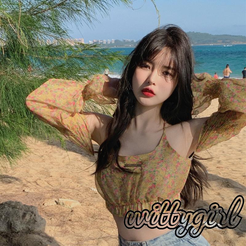 Áo Croptop Trễ Vai Tay Dài Cổ Thuyền Hở Lưng Cột Dây Họa Tiết Hoa Thời Trang Mùa Xuân Quyến Rũ Cho Nữ