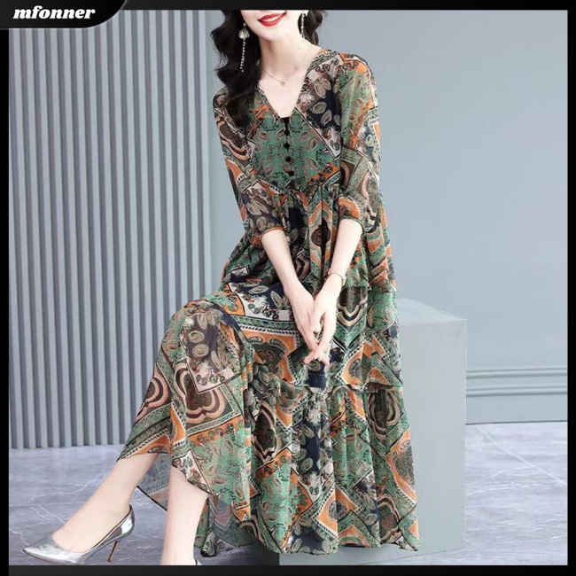 Đầm Tay Ngắn Cổ Chữ V In Họa Tiết Retro Thời Trang Dành Cho Nữ