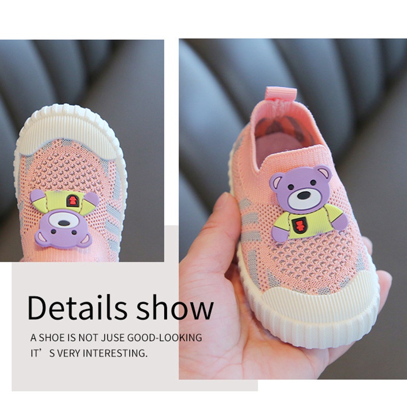 Giày Sneaker Đế Mềm Chống Trượt Dệt Kim Thoáng Khí Có Tai Gấu Dễ Thương Dành Cho Bé Trai Gái 1-3 Tuổi