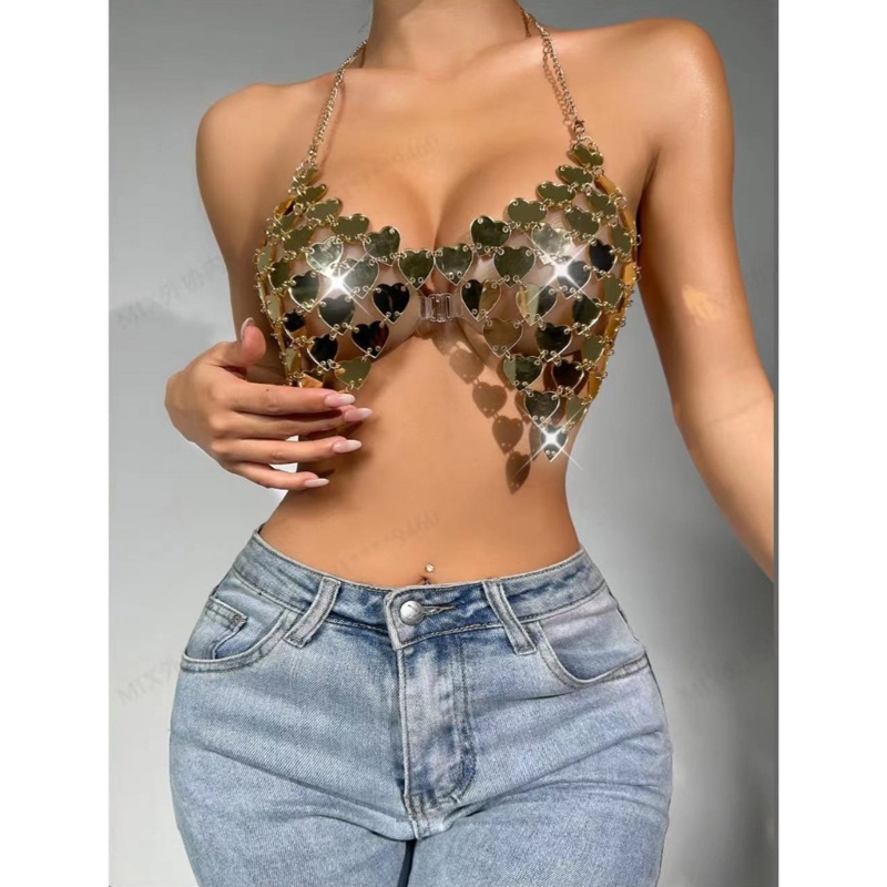 Áo Ngực Dạng Crop Top Cổ Chữ V Đính Kim Sa Hình Trái Tim Gợi Cảm Cho Nữ