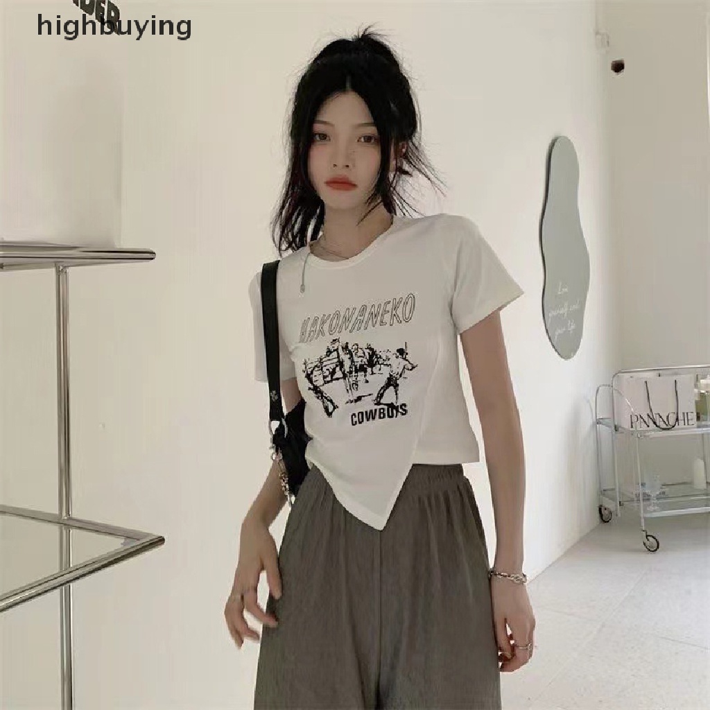 Áo Thun Lửng Ngắn Tay Cổ Tròn In Họa Tiết Retro Thời Trang Cho Nữ