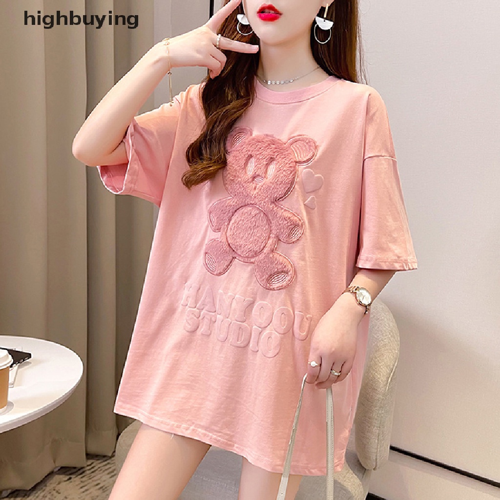 Áo Thun Tay Ngắn Cổ Tròn Thêu Hình Gấu Hoạt Hình Dành Cho Nữ