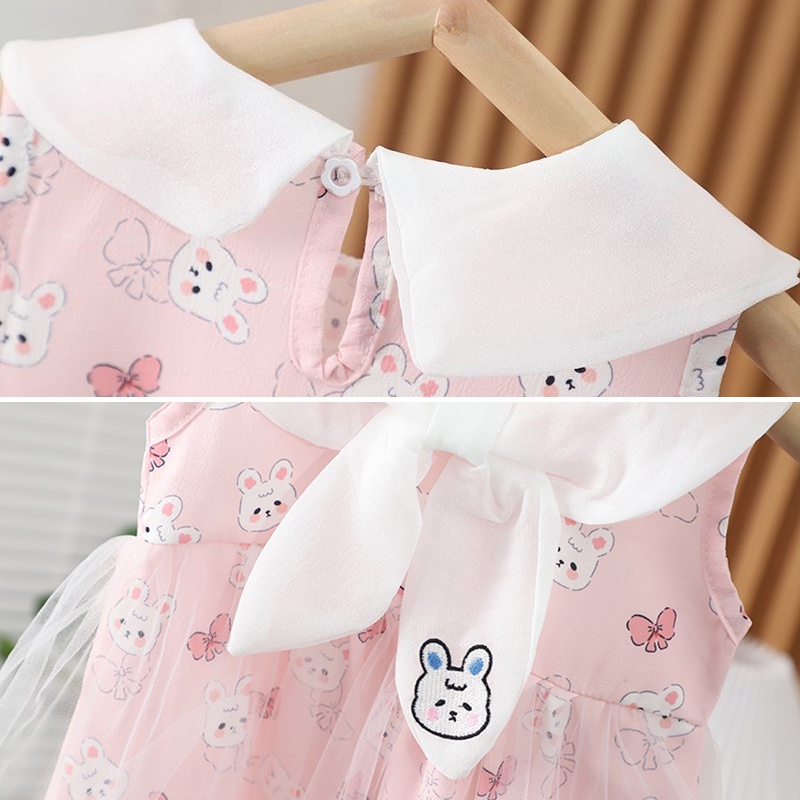 Đầm Công Chúa Cổ Bẻ Phối Lưới Họa Tiết Thỏ Hoạt Hình Phong Cách Hàn Quốc Cho Bé Gái 0-5 Tuổi