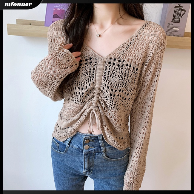 Áo Kiểu Dệt Kim Tay Dài Dáng Rộng Cổ Chữ V Phối Dây Rút Thời Trang Cho Nữ