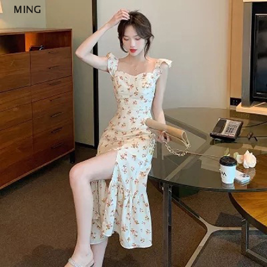 Đầm Midi Không Tay Viền Bèo Lá Sen Họa Tiết Hoa Phong Cách Vintage Nữ Tính Ngọt Ngào