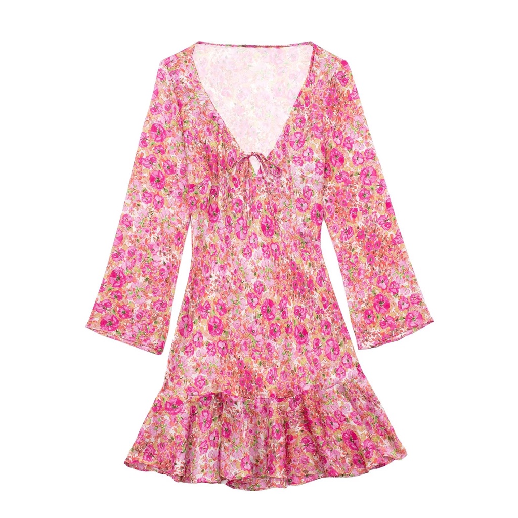 Đầm Zara In Hoa Phối Bèo Buộc Dây Ngực Phong Cách Châu Âu 23 2780 / 127