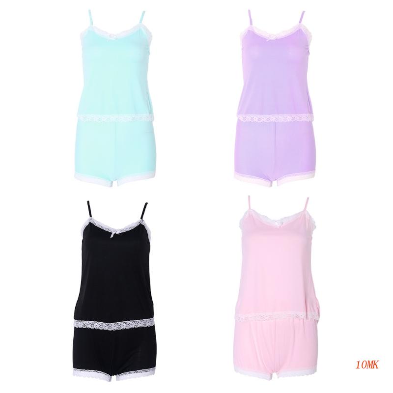 Set Đồ Ngủ Gồm Áo Hai Dây Viền Ren + Quần Short Cổ Chữ V Gợi Cảm Quyến Rũ Cho Nữ