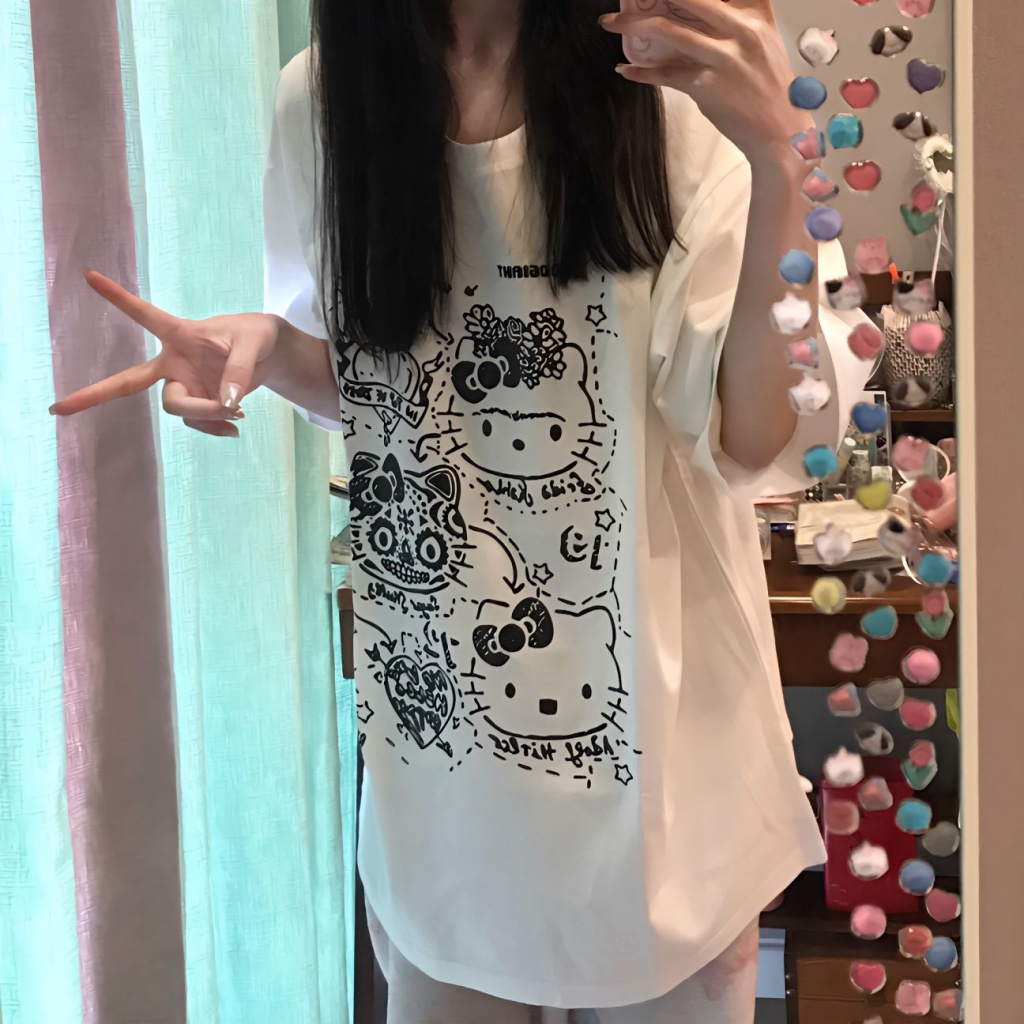 Áo Thun 100% Cotton Tay Ngắn Cổ Tròn Dáng Rộng In Họa Tiết Hello Kitty Dễ Thương Cho Nữ