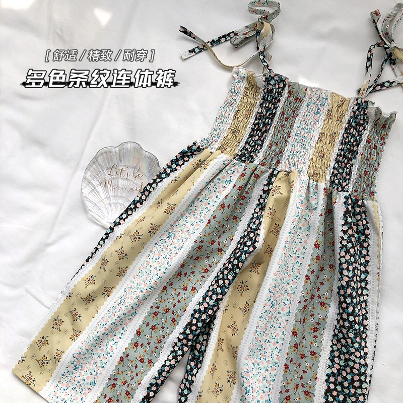 Hàng Có Sẵn Jumpsuit Hai Dây Ống Rộng In Hoa Phối Màu Thời Trang Mùa Hè Phong Cách Hàn Quốc Cho Bé Gái