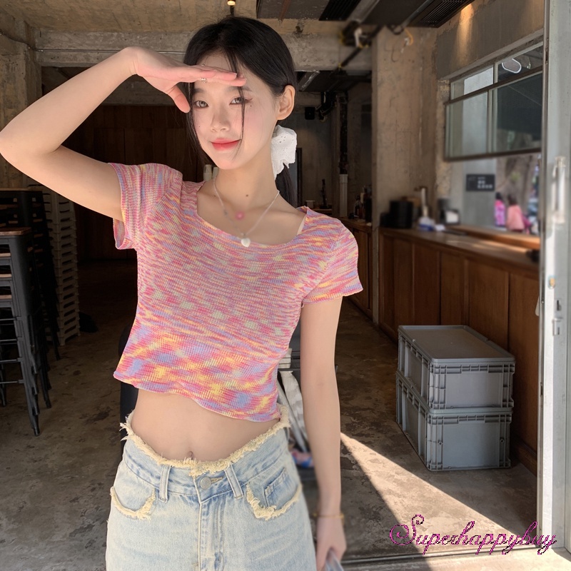 Áo Thun Tay Ngắn Cổ Vuông Dáng Ôm Thời Trang Mùa Hè Xinh Xắn Cho Nữ