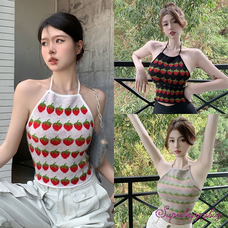 Áo Tank Top Dệt Kim Hai Dây Dáng Ôm In Họa Tiết Dâu Tây Xinh Xắn Thời Trang Cho Nữ
