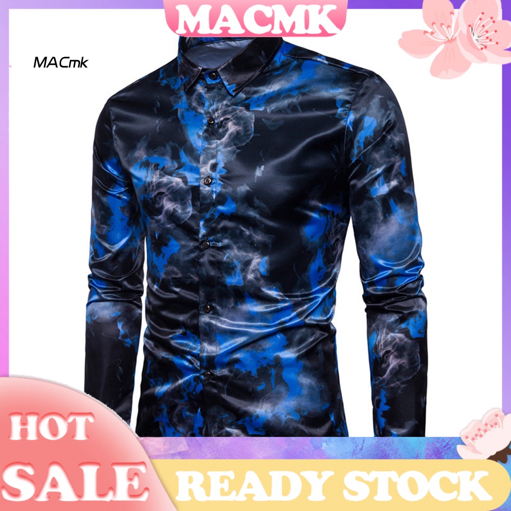 < Cod > Áo Sơ Mi Nam Dài Tay Cổ Bẻ Dáng Ôm Họa Tiết Mực In Thời Trang Xuân Thu