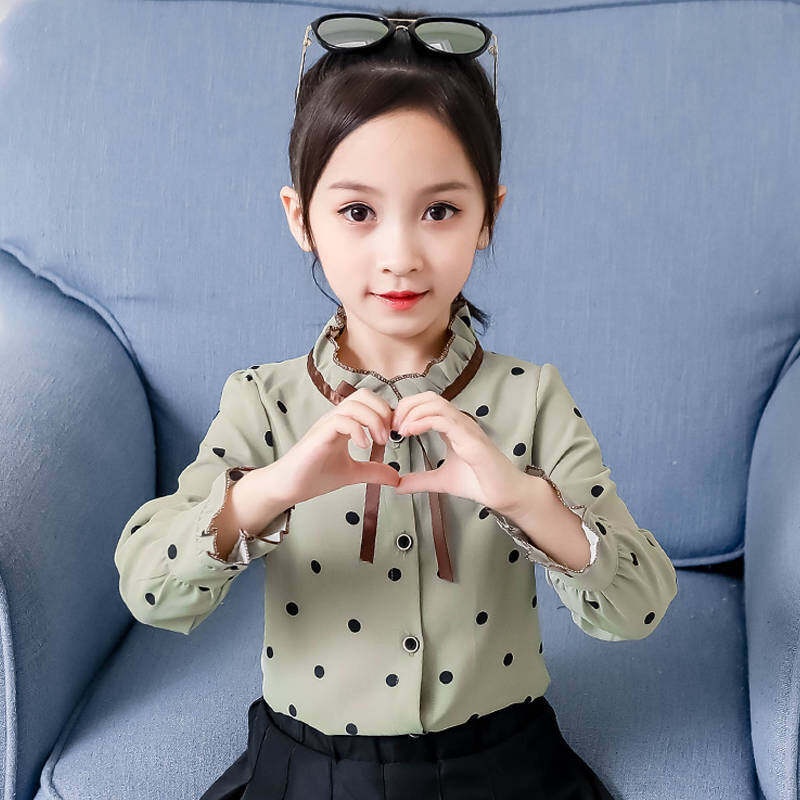 Áo Chiffon Tay Dài Họa Tiết Chấm Bi 110-160cm Cho Bé Gái Từ 2-13 Tuổi