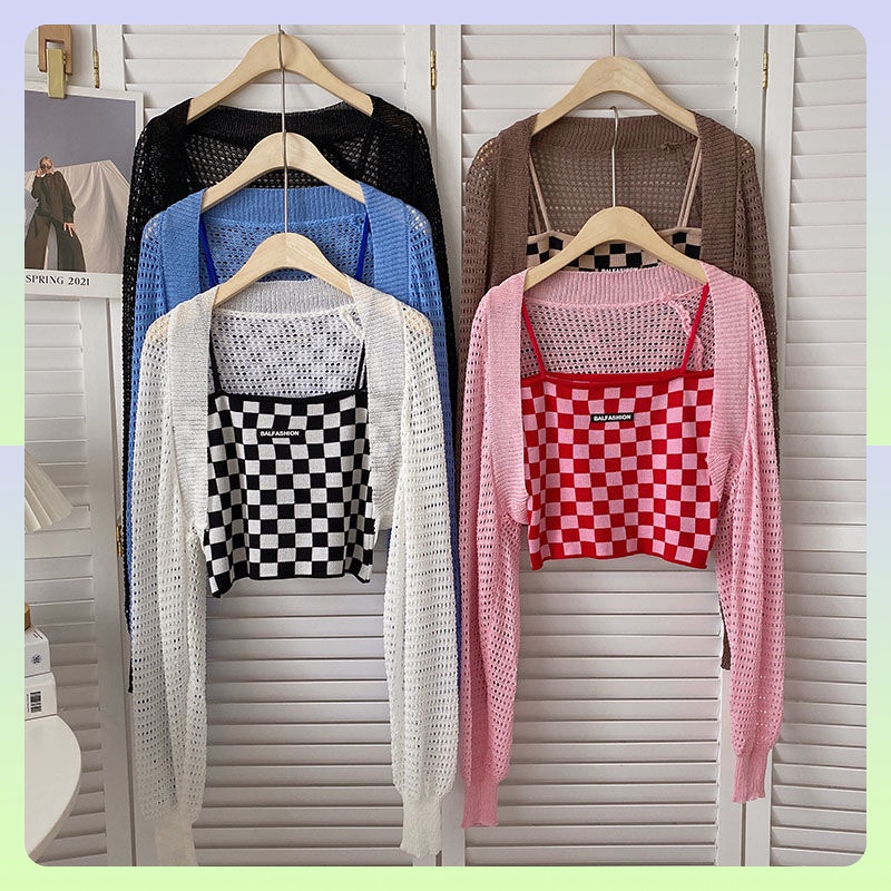 Bộ Áo Khoác Cardigan Dệt Kim Dáng Ngắn Màu Trơn Chống Nắng Mùa Hè 2023 Phong Cách Mới Cho Nữ