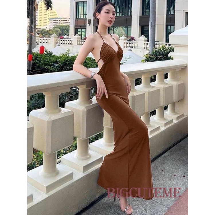 [] - Đầm Dài Cổ Chữ V Không Tay Hở Lưng Xếp Ly Màu Trơn Đơn Giản Thích Hợp Đi Tiệc / Hồng / Xanh Lá / Cà Phê Cho Nữ