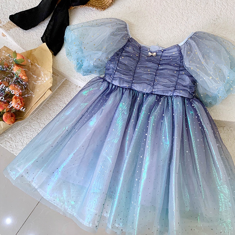 BEAR LEADER Đầm Xếp Ly Tay Phồng Màu Xanh Gradient Mẫu Mới 2023 Thời Trang Mùa Hè Cho Bé Gái 2-7 Tuổi