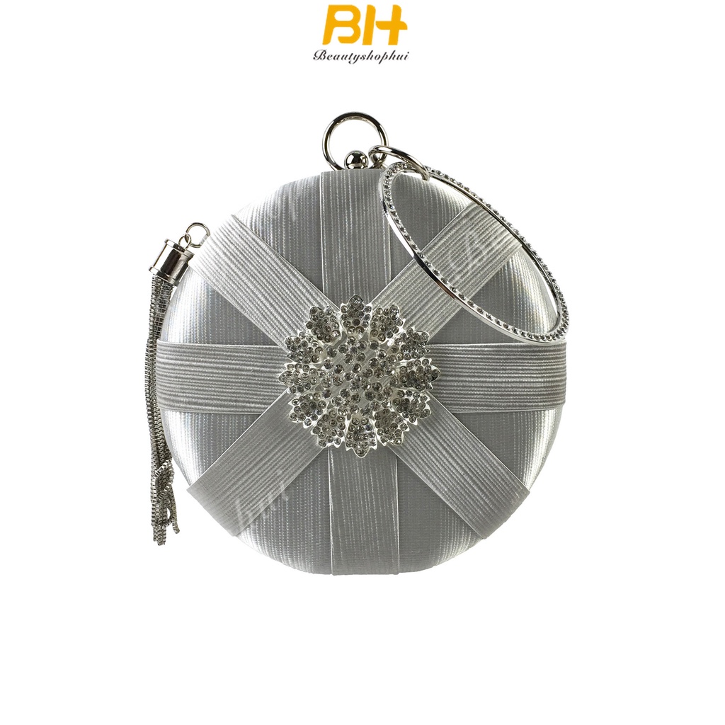 Túi Xách Dự Tiệc Đính Đá Phối Dây Xích Tròn Thiết Kế Mới Cao Cấp Thời Trang Cho Nữ