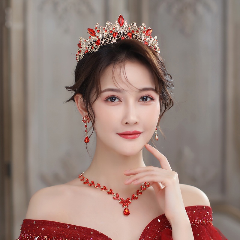 Bộ Phụ Kiện Trang Trí Tóc Gồm Vòng cổ + Bông Tai + Vương Miện Màu Đỏ Sang Trọng Cho Cô Dâu