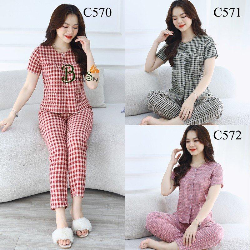 (Bunnysky) Quần áo nữ mặc nhà, sau sinh, đồ bộ thiết kế mẫu họa tiết caro, chất thô kẻ lông.