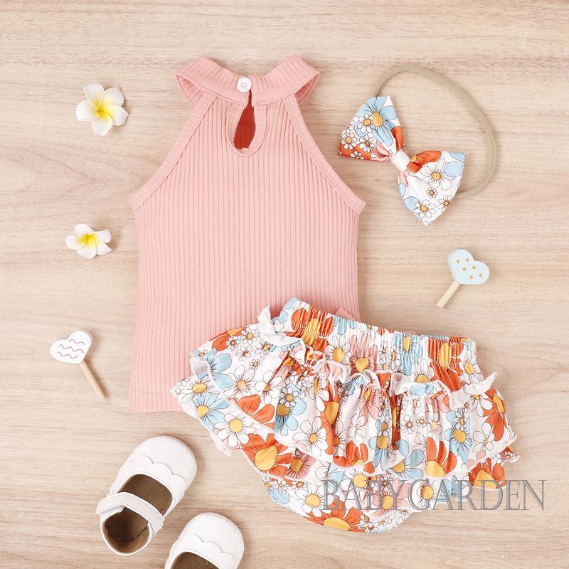 Set Áo Không Tay + Quần Short In Hoa + Băng Đô Cài Tóc Thời Trang Đường Phố Cho Bé Gái 0-18 Tháng Tuổi