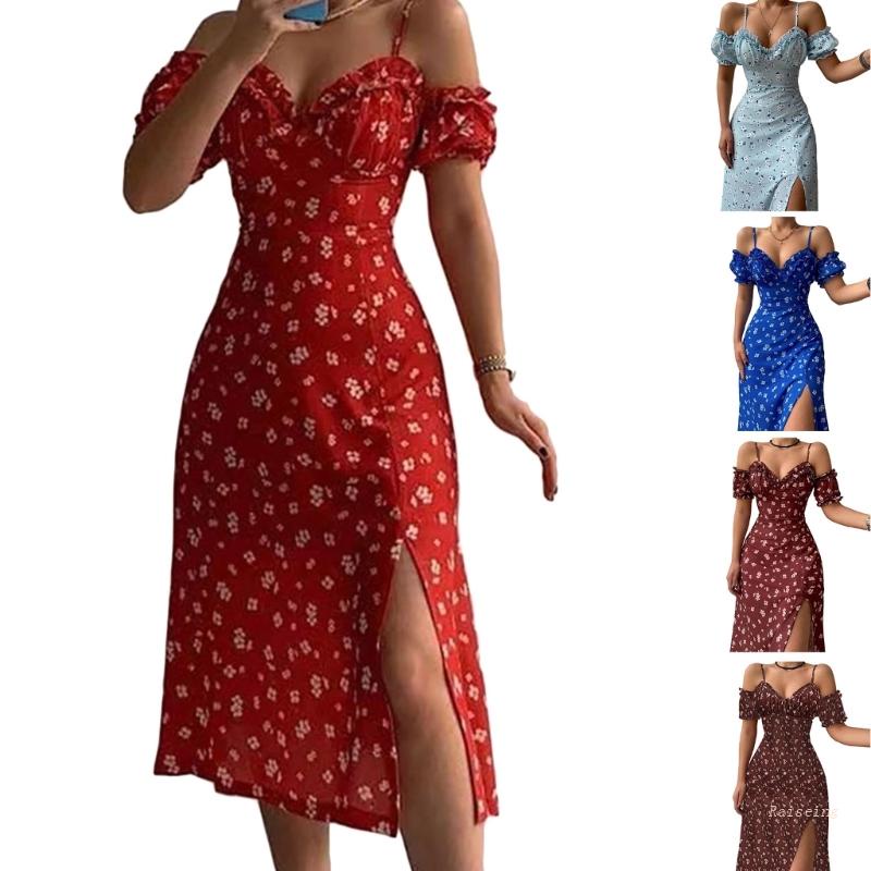 Đầm Hai Dây Hở Vai In Hoa Xẻ Tà Thời Trang Mùa Hè Cho Nữ