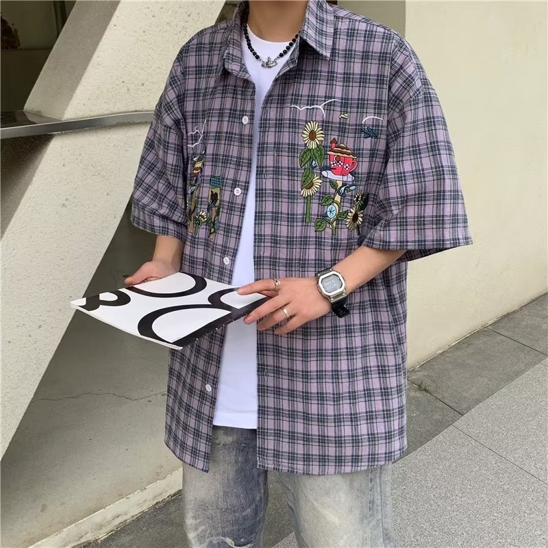 Áo Sơ Mi Tay Ngắn Dáng Rộng Họa Tiết Sọc Caro Thêu Hình Hoạt Hình Thời Trang Dành Cho Nam
