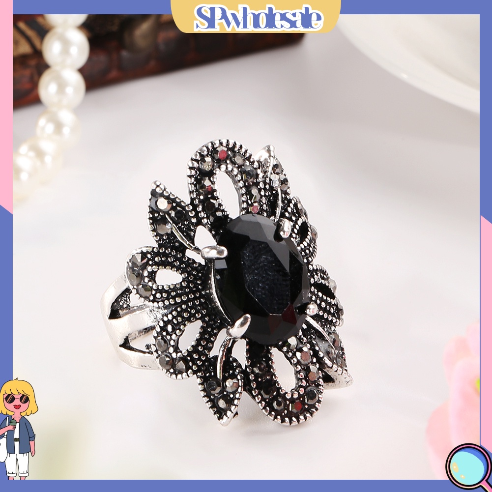 <SPwholesale> Nhẫn Hợp Kim Đính Đá Hình Hoa Phong Cách Vintage Cho Nữ