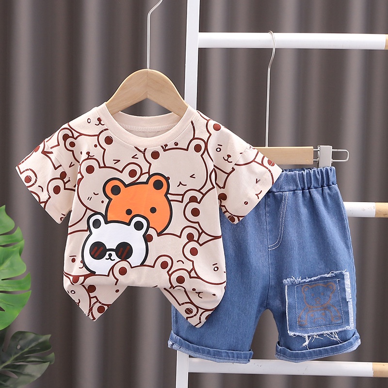 Set Đồ 2 Món Gồm Áo Cotton Tay Cộc + Quần Ngắn In Họa Tiết Hoạt Hình Dễ Thương Cho Bé Trai Sơ Sinh