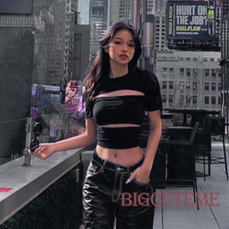 Áo Thun Crop Top Tay Ngắn Cổ Tròn Màu Đen Trơn Thời Trang Mùa Hè Cho Nữ