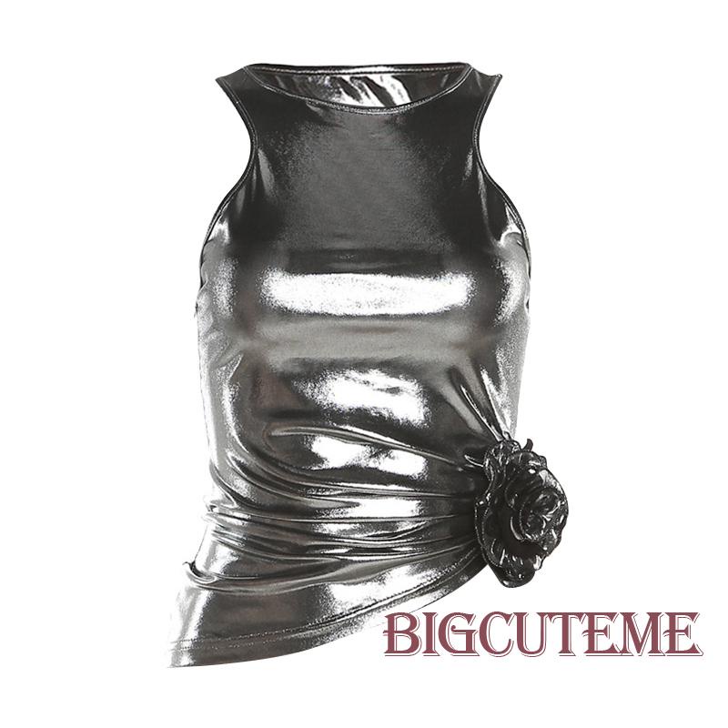 [] [] Áo Tank Top Không Tay Họa Tiết Hoa 3D Ánh Kim Sáng Bóng Cho Nữ Dự Tiệc