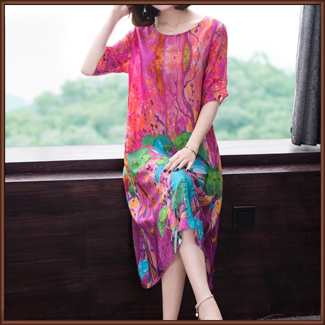 Đầm Tay Ngắn Cổ Tròn Dáng Rộng Chất Liệu Lụa Lạnh In Họa Tiết Thời Trang Cho Nữ