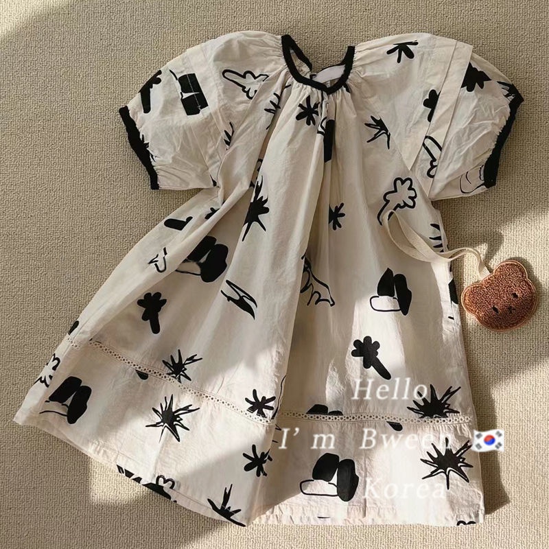 Đầm Tay Ngắn Dáng Rộng In Họa Tiết Thời Trang Hàn Quốc Mới 2023 Cho Bé Gái
