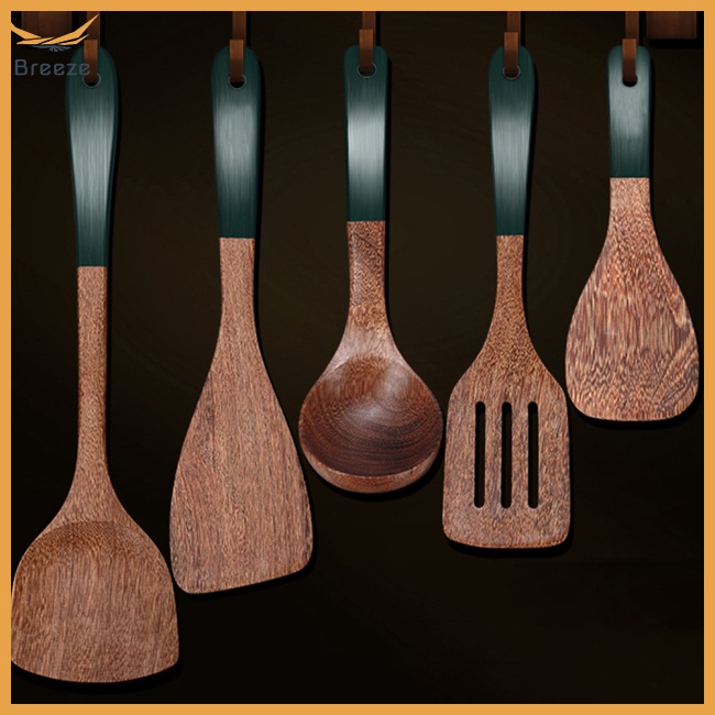 Xẻng Nấu Ăn Bằng Gỗ Với Tay Cầm Màu Xanh Lá Chống Dính Tiện Dụng Cho Nhà Bếp