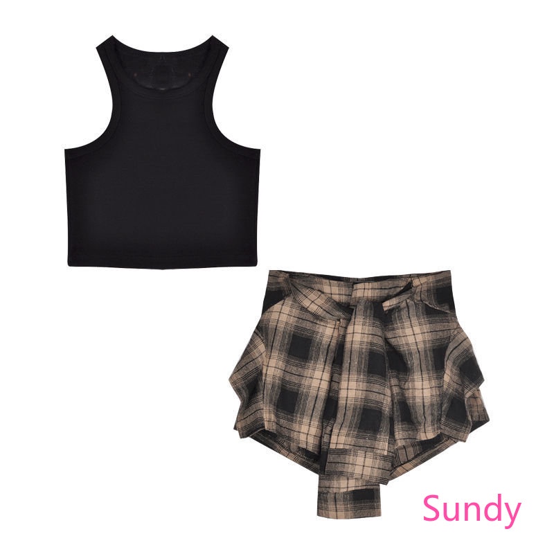[Đã Bán Riêng Biệt] Áo Hai Dây Màu Đen + Quần Short Kẻ Sọc Caro Phong Cách Hàn Quốc Đơn Giản Thời Trang Mùa Hè Cho Nữ