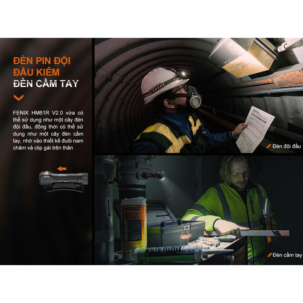 Đèn pin đội đầu FENIX HM61R V2.0 độ sáng 1600 lumen tầm chiếu xa 162m pin 18650 sạc nam châm