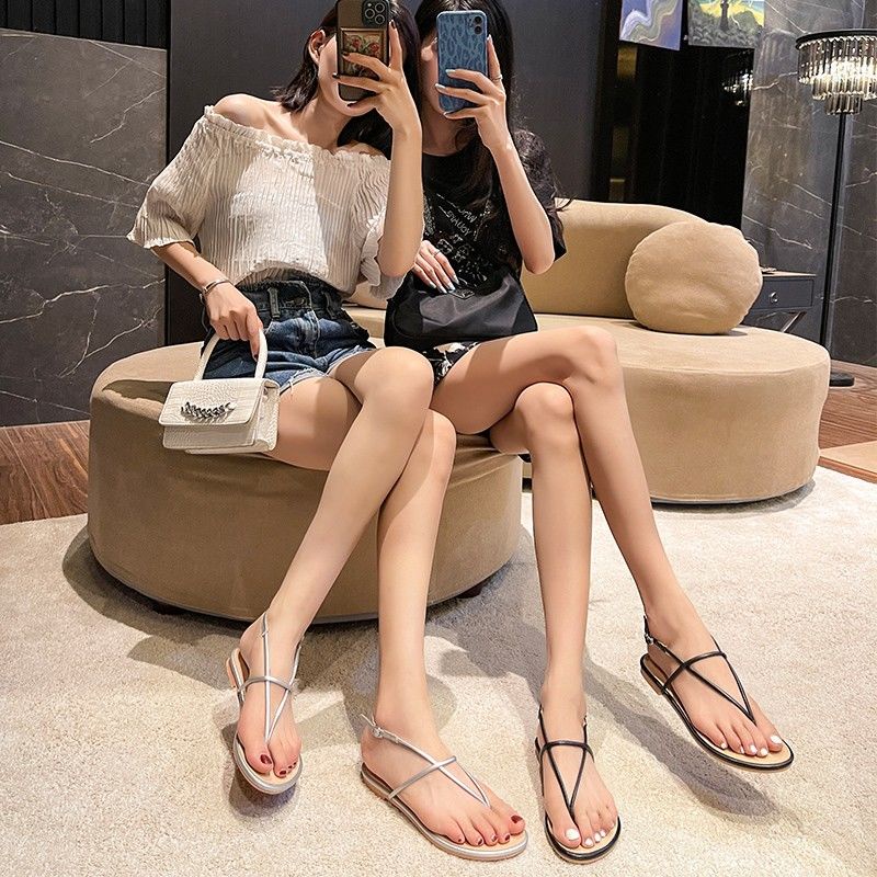 Giày Sandal Đế Bằng Hở Ngón Phối Dây Xinh Xắn Thời Trang Mùa Hè Cho Nữ