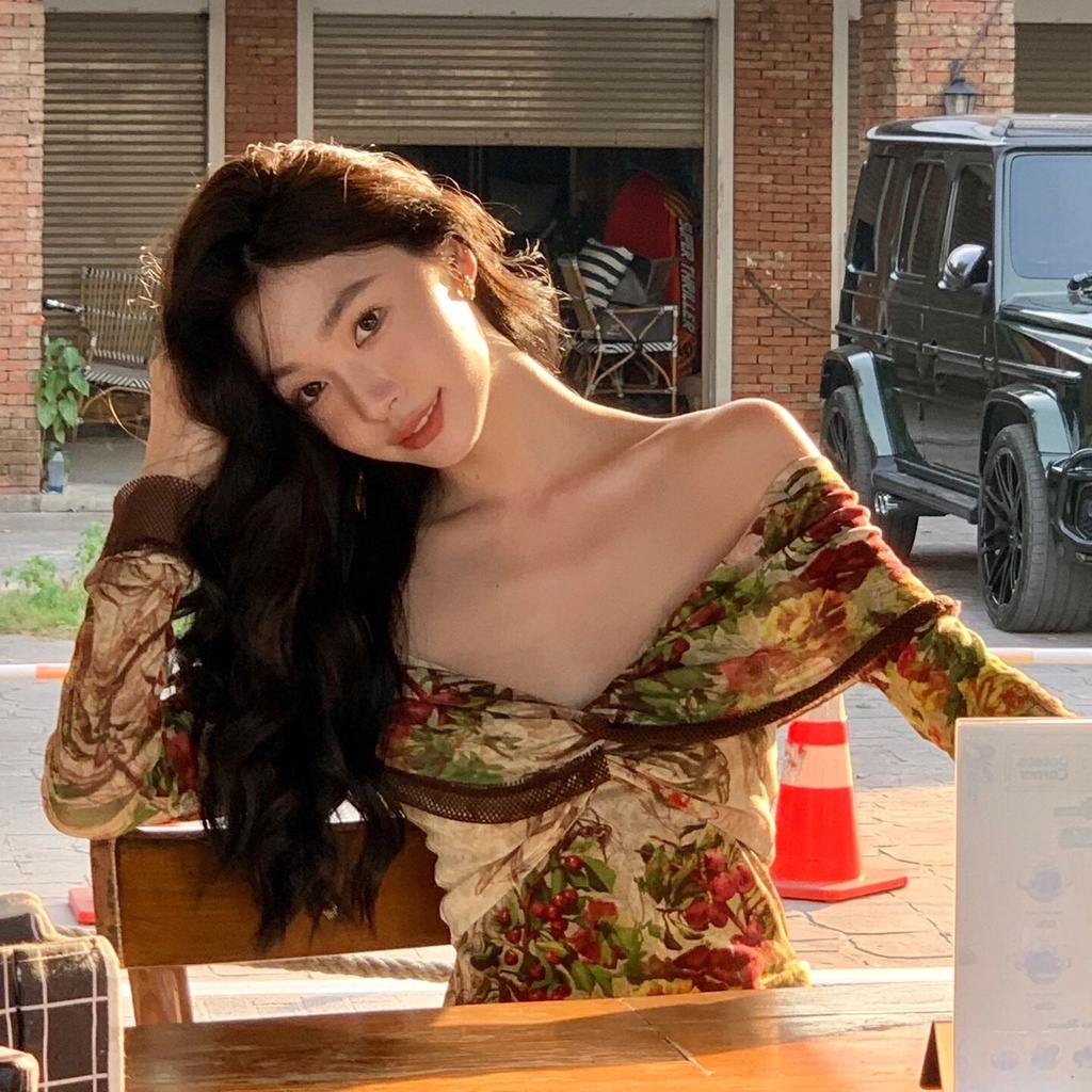 Weird Puss Đầm Midi Tay Dài Trễ Vai Ôm Dáng In Họa Tiết Hoa Thanh Lịch Cổ Điển Quyến Rũ Cho Nữ