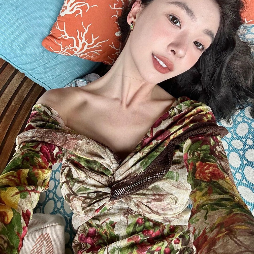 Weird Puss Đầm Midi Tay Dài Trễ Vai Ôm Dáng In Họa Tiết Hoa Thanh Lịch Cổ Điển Quyến Rũ Cho Nữ