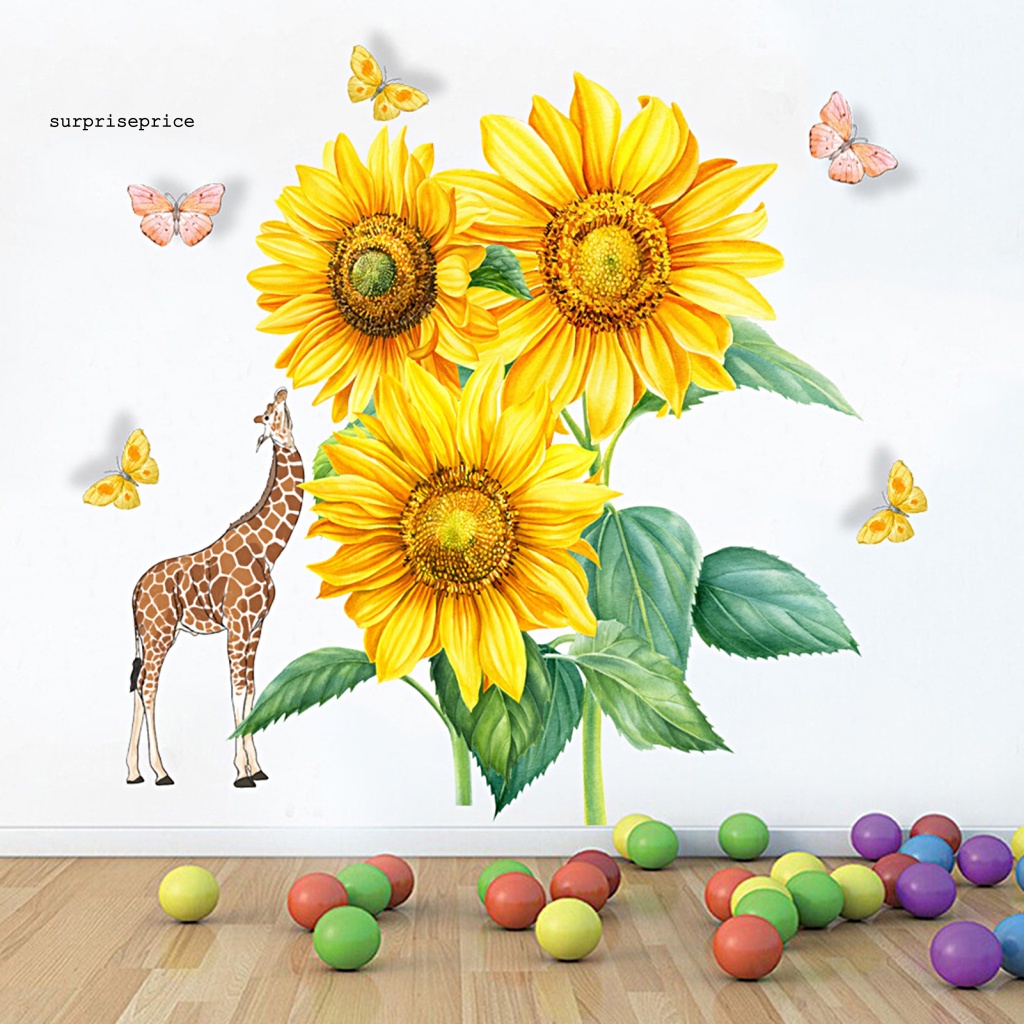 Set 2 Miếng Dán Tường Tự Dính Bằng PVC Chống Nước Hình Hoa Hướng Dương / Hươu Cao Cổ / Bướm