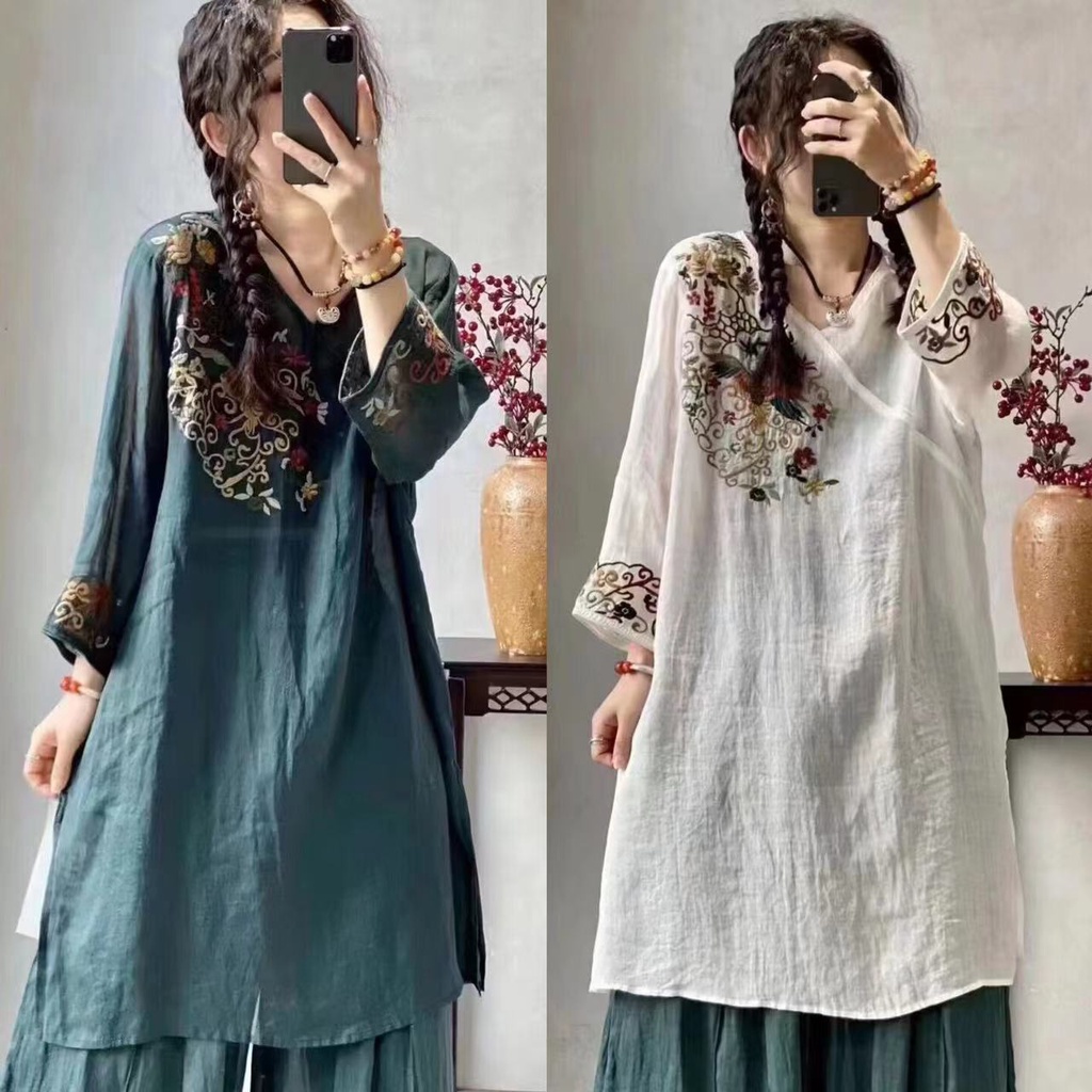 Plus Áo Kiểu Chất Cotton Lanh Hoạ Tiết Thêu Phong Cách Dân Tộc Có Size Lớn