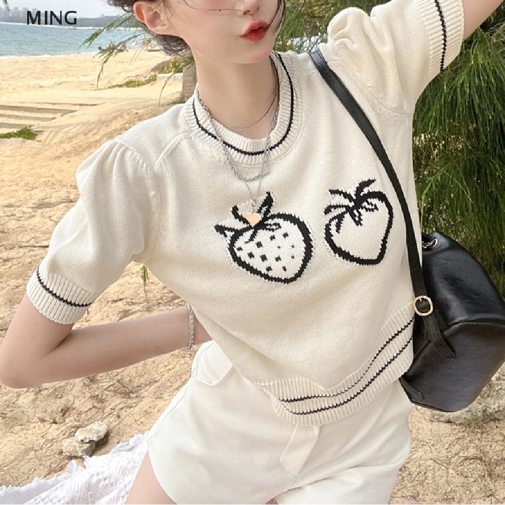 Áo Thun Dệt Kim Tay Ngắn Cổ Tròn In Hình Dâu Tây Phong Cách Retro Dành Cho Nữ