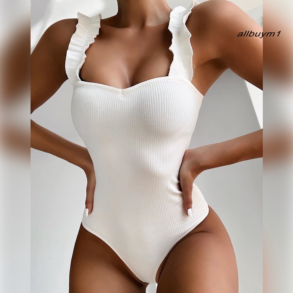 Bộ Đồ Bơi Một Mảnh Cổ Vuông Hở Lưng Một Mảnh Màu Trơn Phối Bèo Thời Trang Đi Biển Cho Nữ