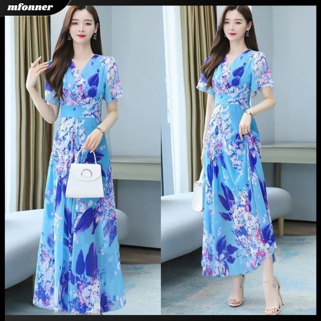 Đầm Tay Ngắn Cổ Chữ V In Họa Tiết Bohemian Thời Trang Cho Nữ