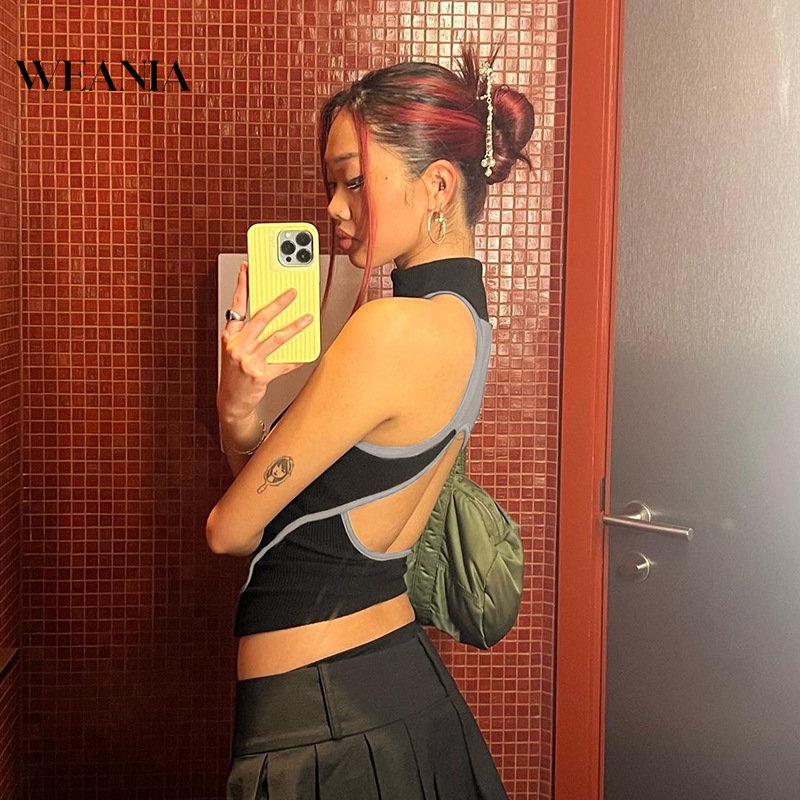 Weania Áo Tank Top Cổ Đứng Có Dây Kéo Khối Màu Hở Lưng Mùa Hè Cho Nữ