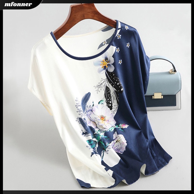 Áo Thun Tay Ngắn Cổ Tròn Vải Lụa Mát In Họa Tiết Thổ Cẩm Thời Trang Mùa Hè Cho Nữ