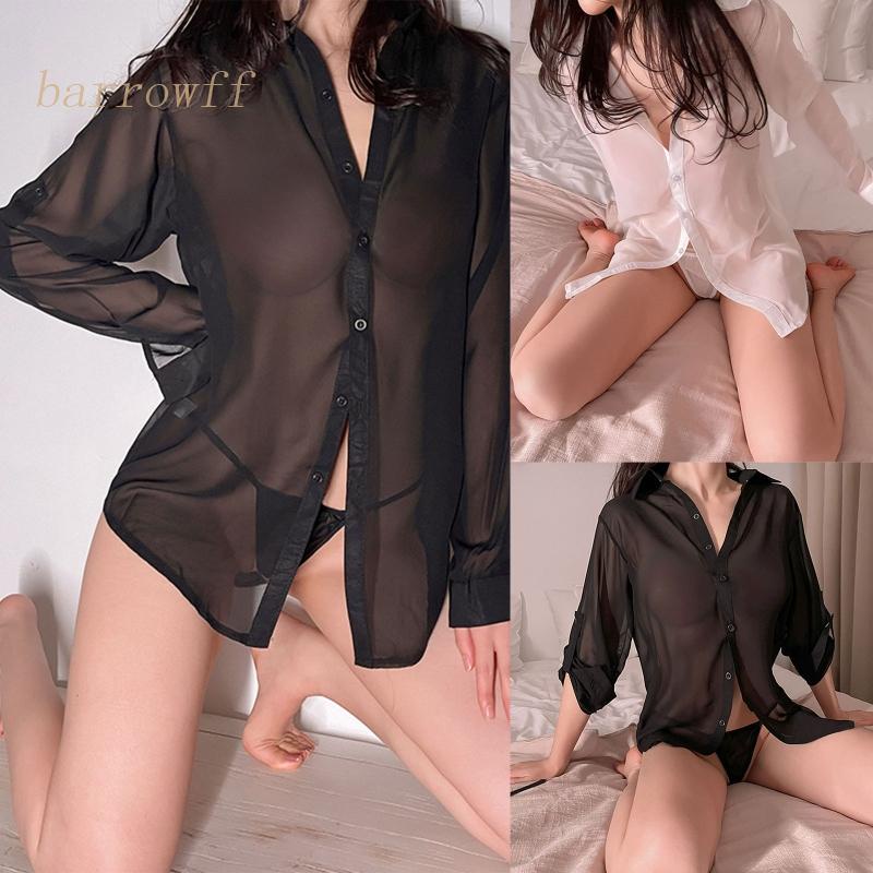 Brroa Áo Sơ Mi Ngủ Vải Voan Tay Dài Cài Nút Gợi Cảm Cho Bạn Trai / Bạn Gái